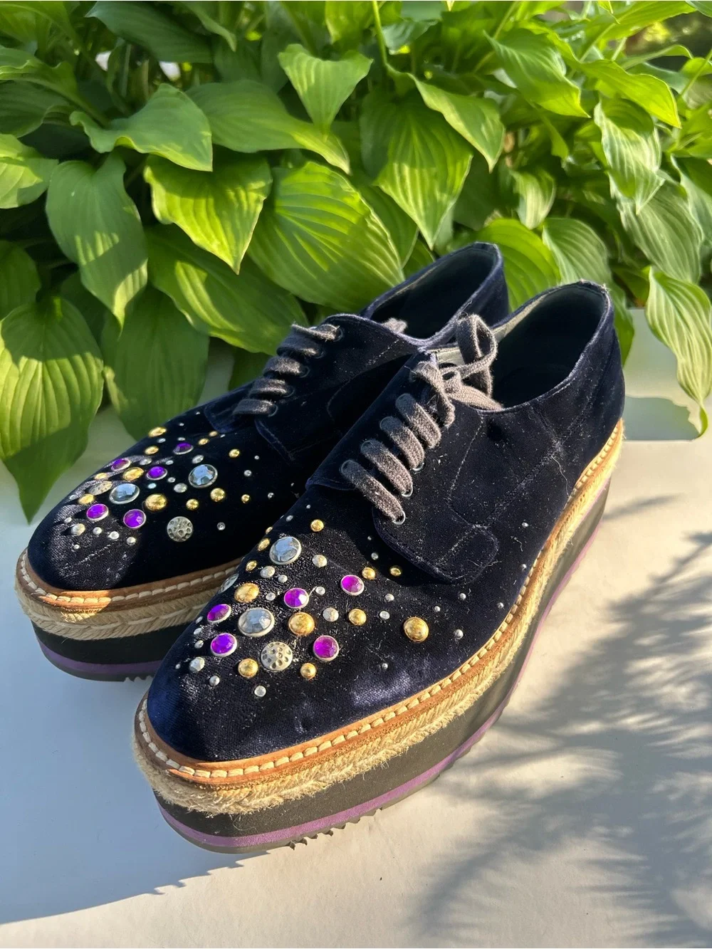 PRADA Velvet Platform Oxford Espadrille Embellished Crystals Shoes Size 40